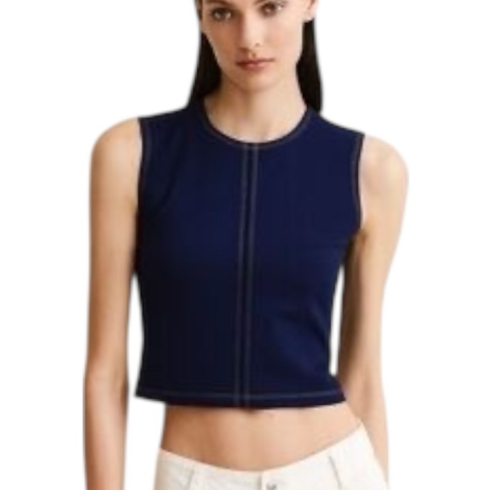 NWT Caroline Constas Navy Blue Cropped Tank Top with White Stitching - S